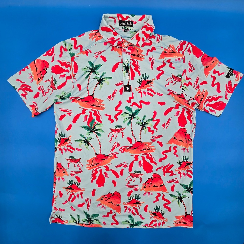 Bad Birdie Mens S Golf Polo Tropical Island Palm Tree Print Blue Pink SS23F1